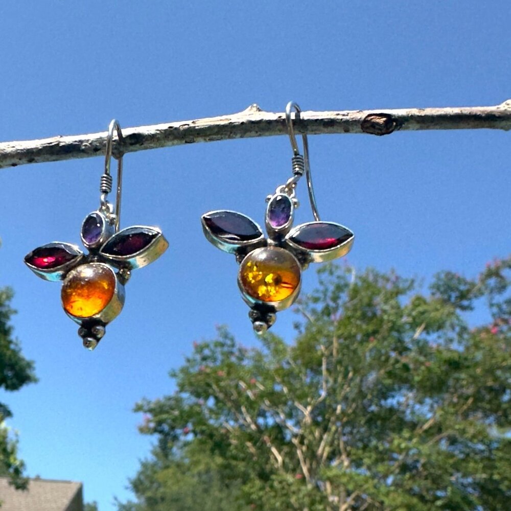 Vintage 925 Silver Earrings With Amber & Garnet Gemstones - Picture 4 of 5